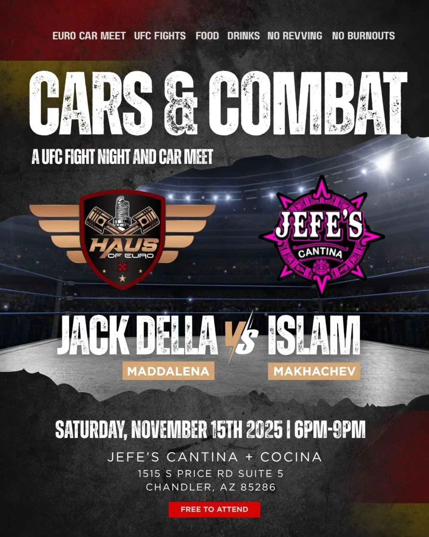 Let's get ready to rumble! 🚘🥊 We're teaming up with @jefescantina in Chandler for an evening packed with awesome Euro cars, good people, great food, and epic UFC matchups on the big screens

As always, our Haus parties/events are safe and family-fr