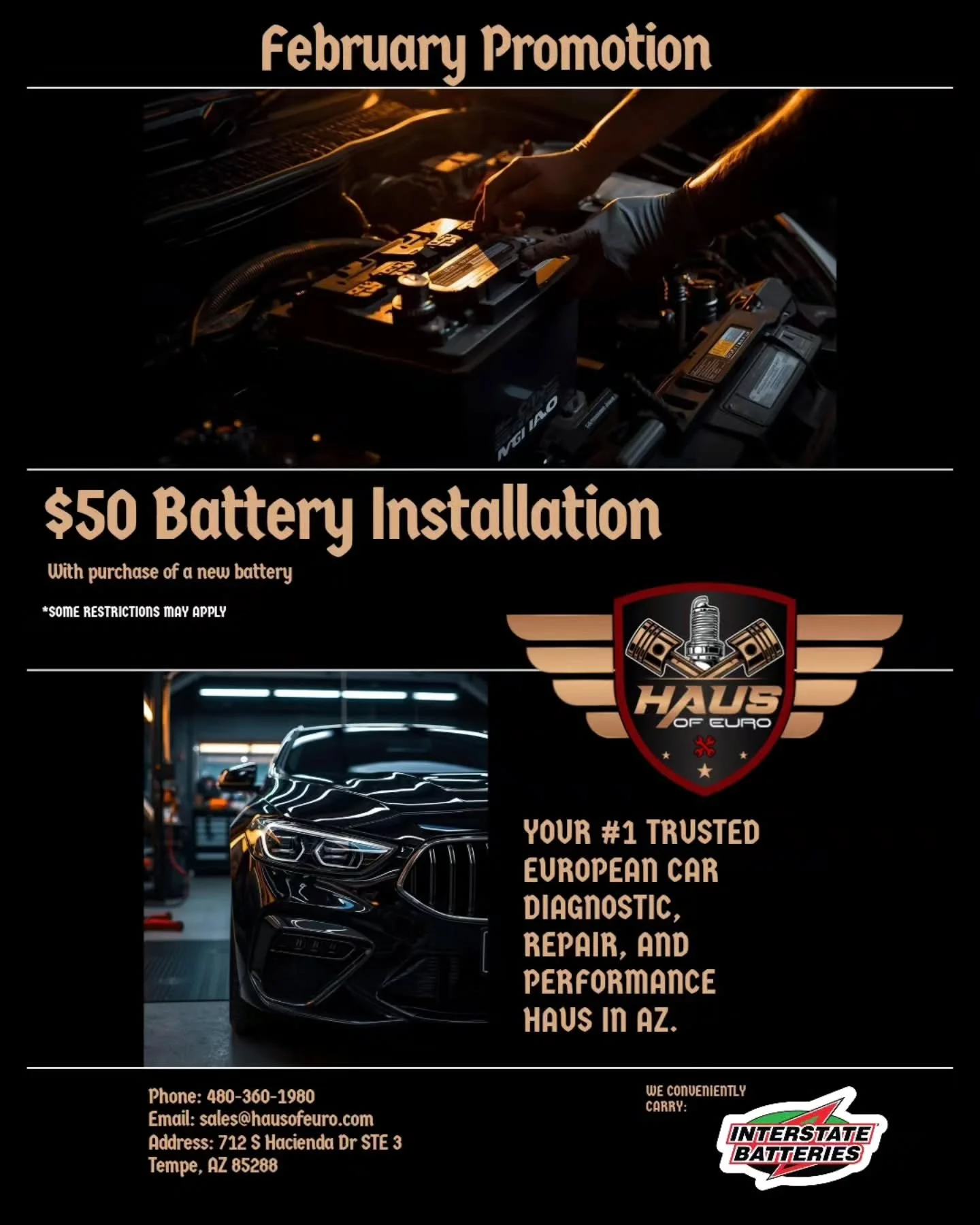 Our February Promo is LIVE!  For a limited time, get a $50 Battery Install with the purchase of a new battery from us. 🔋

We conveniently carry @interstatebatteries, and we also offer Lithium &rarr; AGM battery conversions for a smarter, more servic