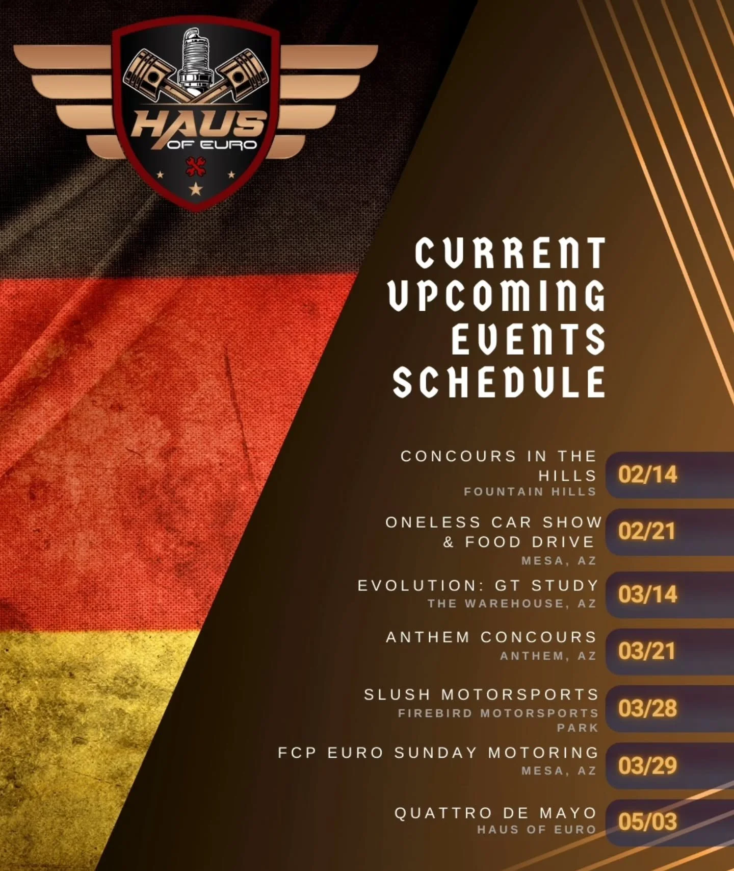 Keeping you in the loop 🗓🏁

Here&rsquo;s what&rsquo;s coming up on the @haus.of.euro calendar, and where you&rsquo;ll find us, whether it&rsquo;s the whole family pulling up or a few of the crew holding it down.

Save this post, and come say what&r