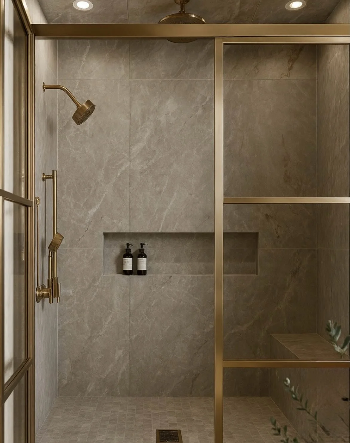 Muted gold and stone.