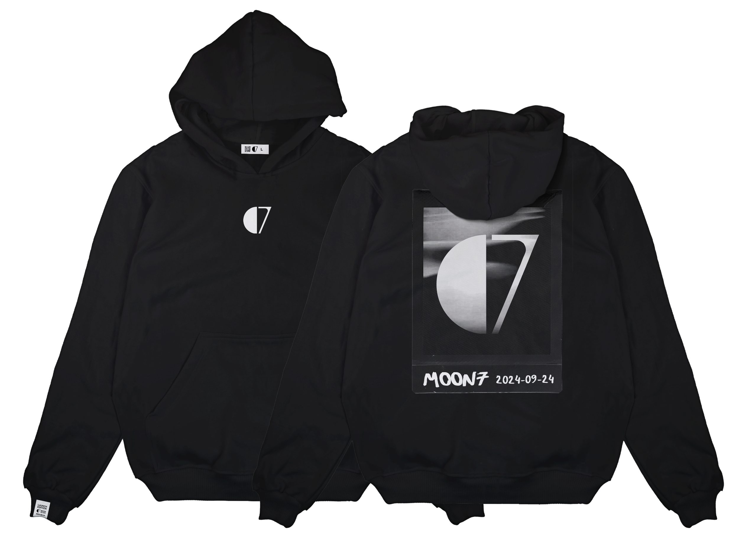 Moon 7 Films production company, limited merchandise Launch hoodie, front and back