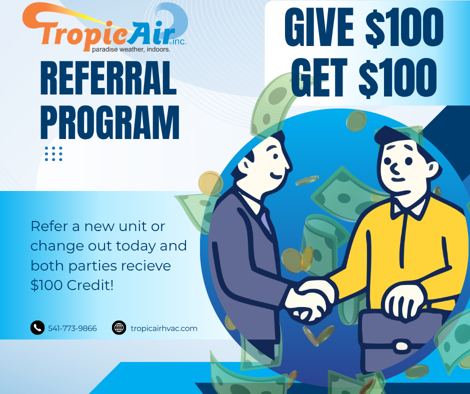 A graphic promoting TropicAir's referral program, showing two men shaking hands with dollar bills and coins around them, and text offering a $100 reward for referrals.