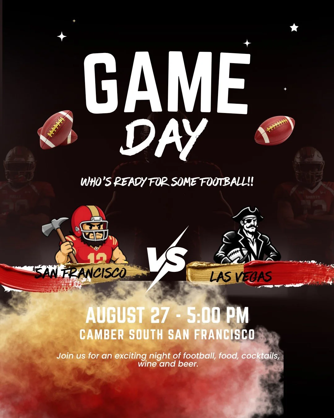Join us tonight for some pre season football of two old rivals&mdash;the Las Vegas Raiders vs the San Francisco 49ers! Catch all the action on our big screen or any of our many screens throughout the restaurant. Sit back, enjoy delicious bites and a 