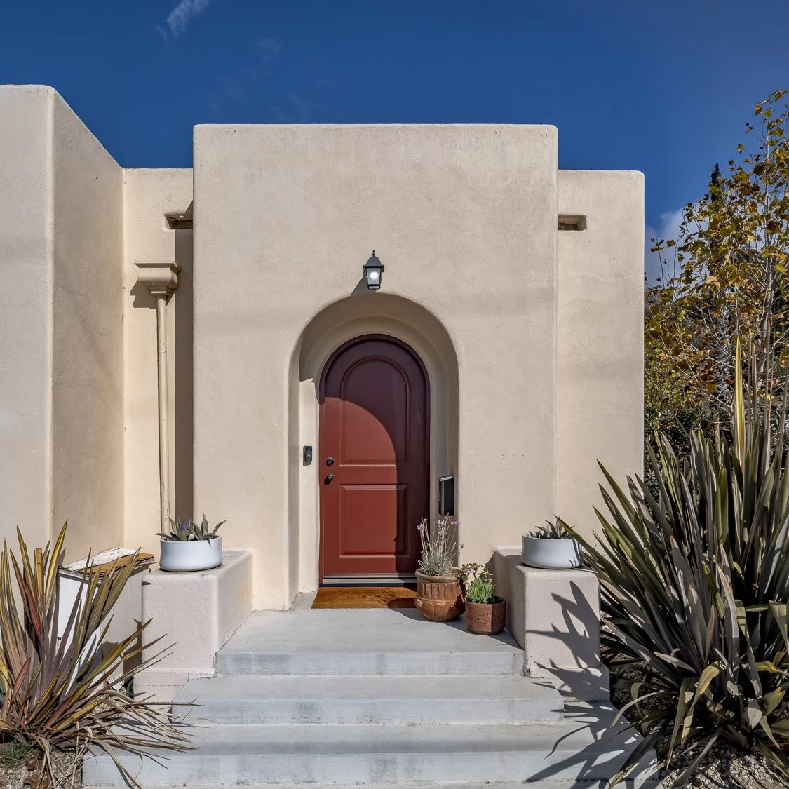 Front view of a modern house with a reddish-brown arched door, two potted plants on each side of the steps, and tall desert plants in the foreground under a clear blue sky.