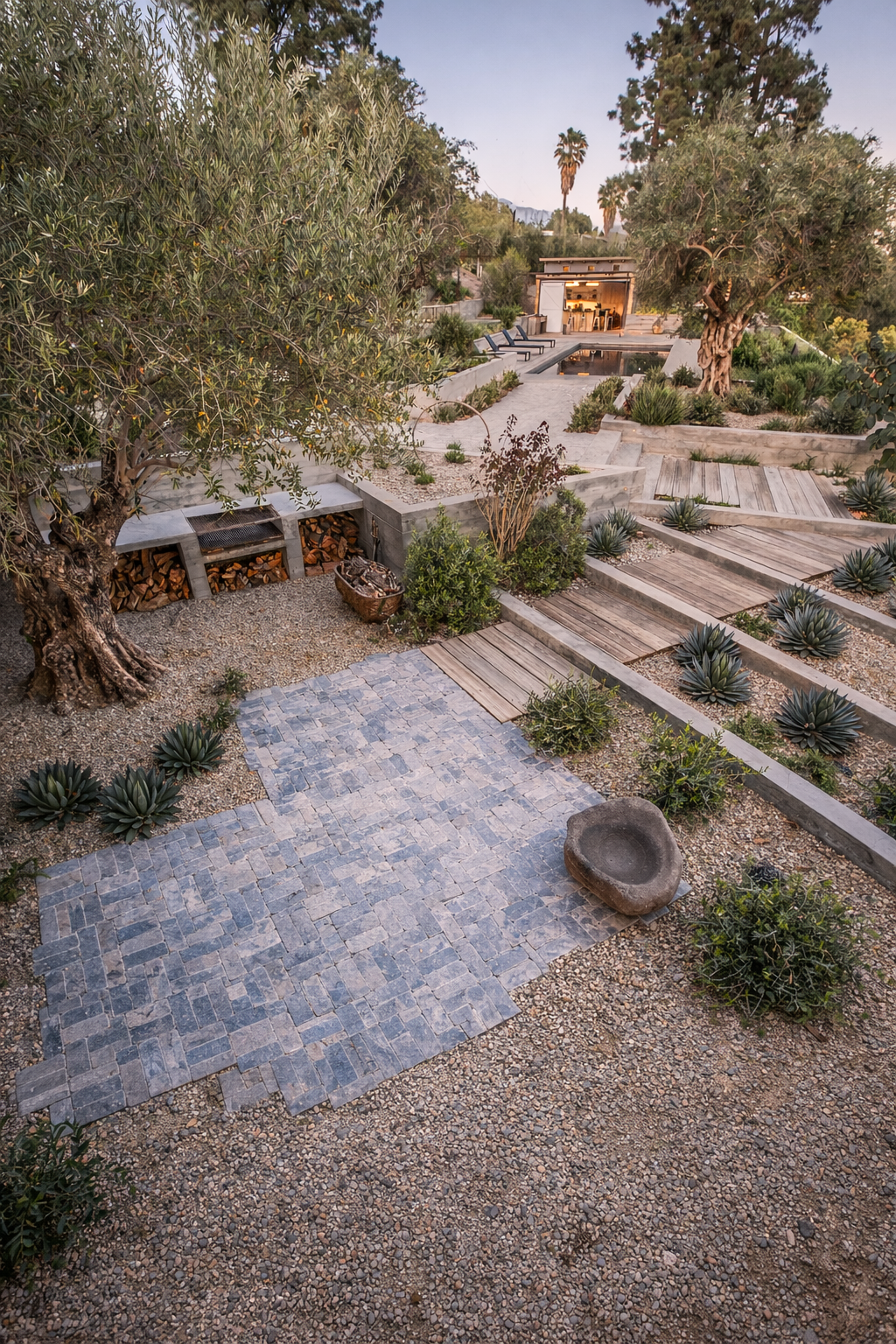 A desert-style backyard with a paved stone patio, various plants including succulents, trees, and bushes, wooden walkways, and a swimming pool in the background. There is a small outdoor seating area and a firewood storage under the trees.