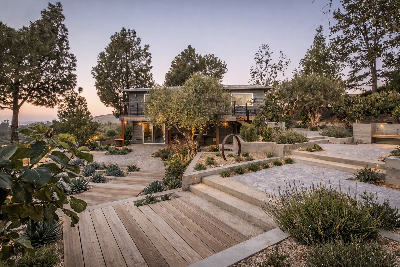 Modern house with outdoor patio and garden, trees, and plants during early evening.