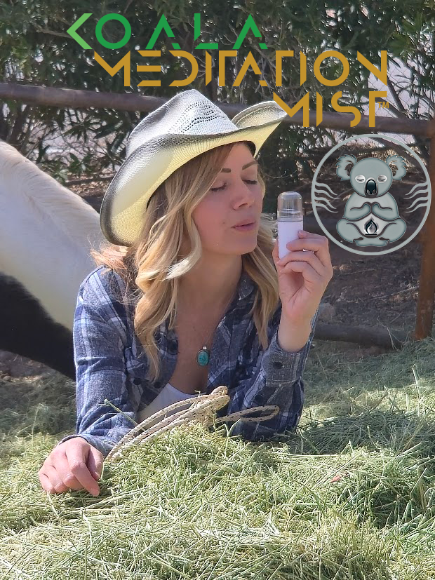 A woman lying on the grass outdoors, wearing a straw hat and plaid shirt, holding a small bottle, with a koala illustration and text about koala meditation nearby.