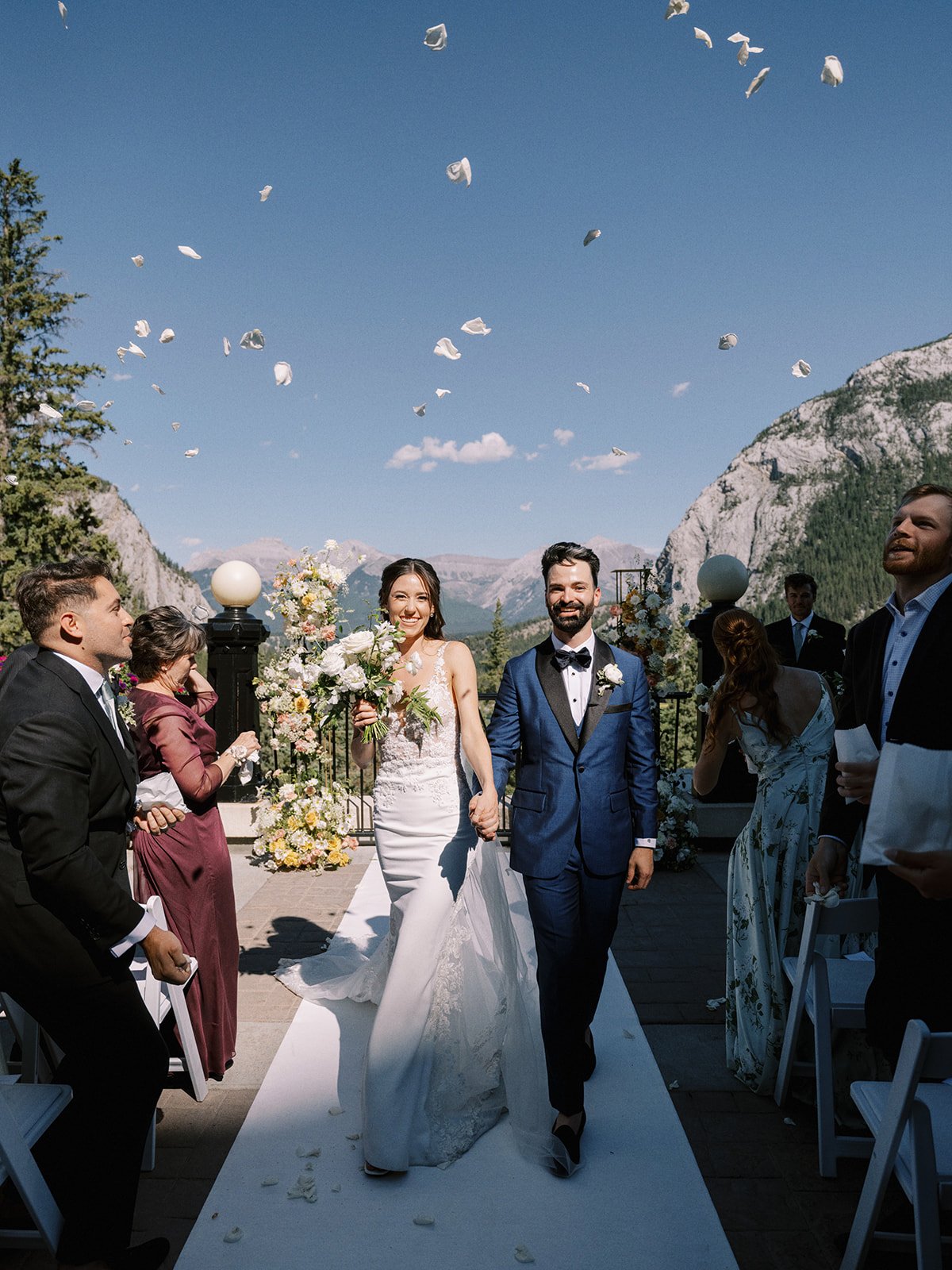 flower petal toss after ceremony on the banff springs terrace