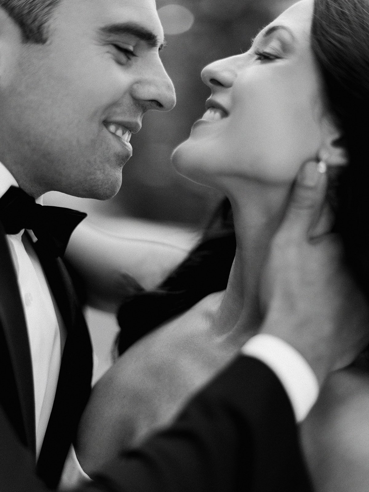 romantic intimate black and white portrait of banff wedding couple