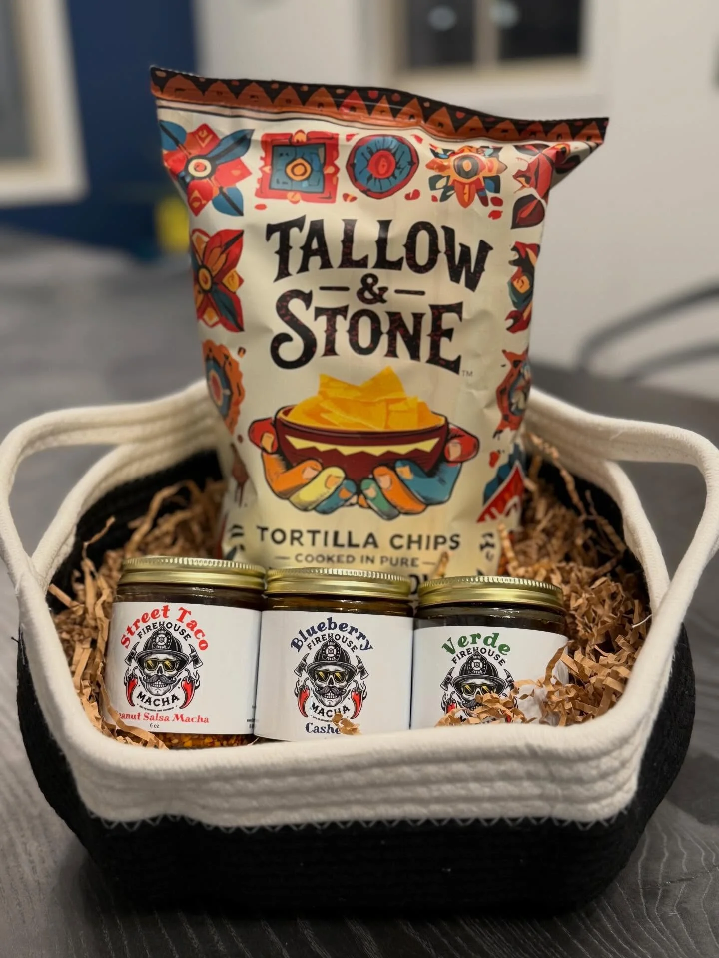 We were happy to put together this small basket for an upcoming fundraiser in our community.

At Firehouse Foods, we truly believe in supporting the place we live and work. Inside the basket our Salsa Macha along with tortilla chips from Tallow &amp;