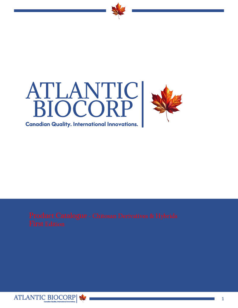Cover page of a catalog for Atlantic Biocorp with a Canadian maple leaf logo, featuring the text "Product Catalogue - Chitosan Derivatives & Hybrids First Edition" and a small maple leaf graphic.