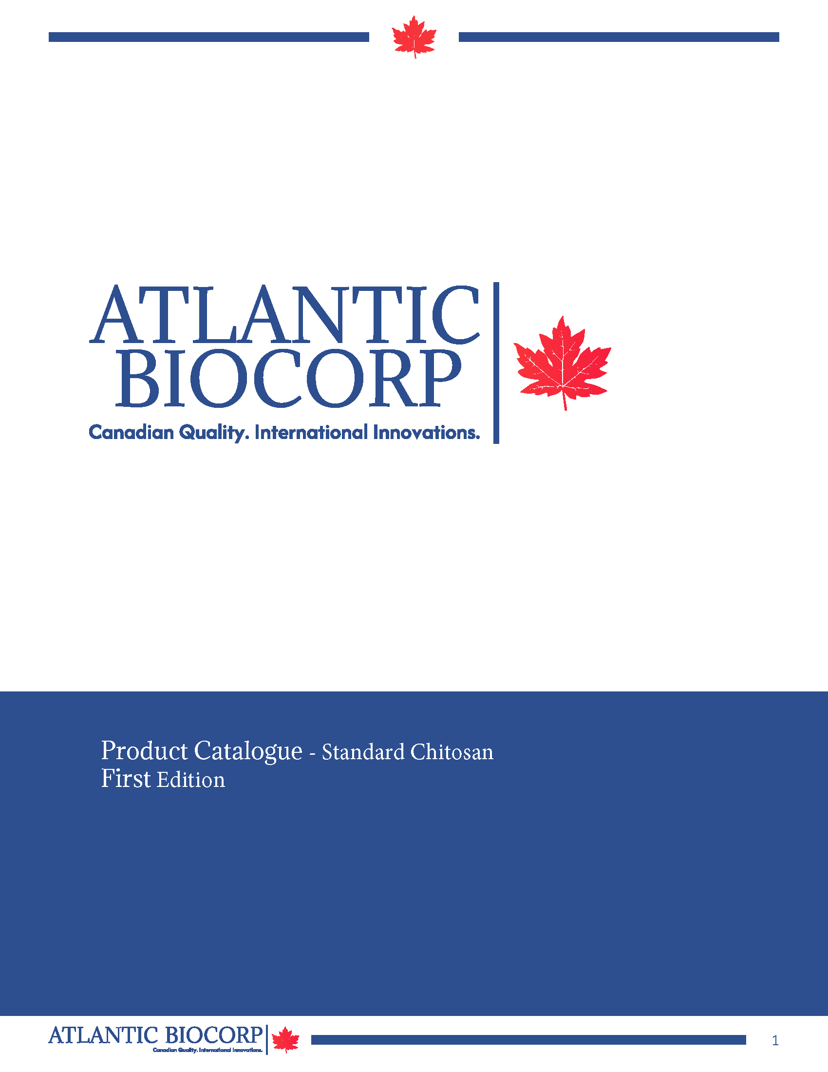 Cover page of Atlantic Biocorp product catalog, First Edition, featuring the Atlantic Biocorp logo with a red maple leaf, and tagline 'Canadian Quality. International Innovations.'