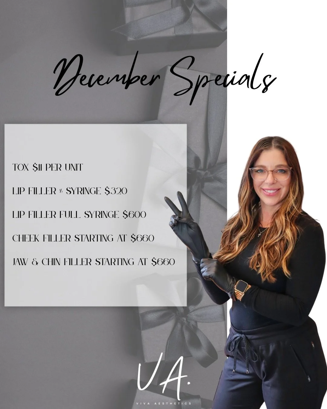 ✨December Specials✨

Tox $11 Per Unit

Facial Fillers 20% Off

Discounted Tanning Packages

Cosmetic Tattooing $100 Off

Custom Facial $99

Dermaplane Facial $129

All Packages 20% Off Single Service prices &hellip; Laser Hair Removal, Microneedling,