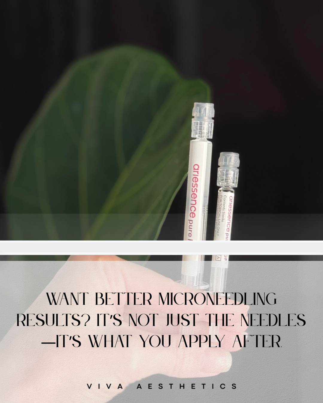 Two dermal filler syringes held by a gloved hand with a green leaf in the background, and an overlaying text promoting the importance of application after microneedling.