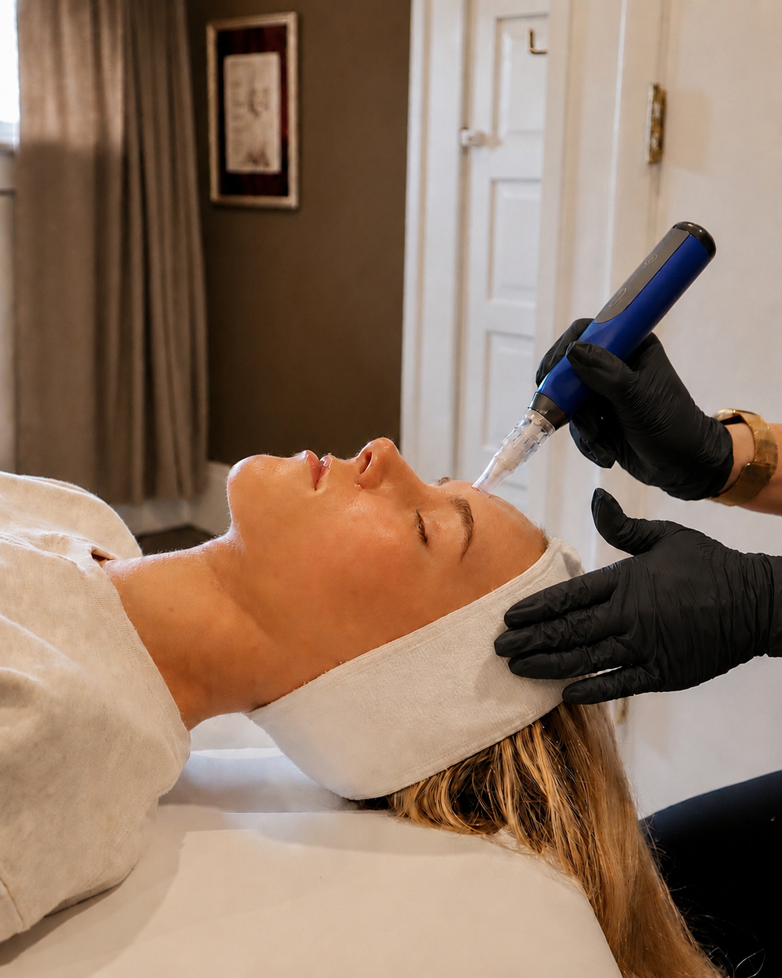 A woman lying on a spa bed with her eyes closed, getting a facial treatment with a handheld device by a practitioner wearing black gloves.