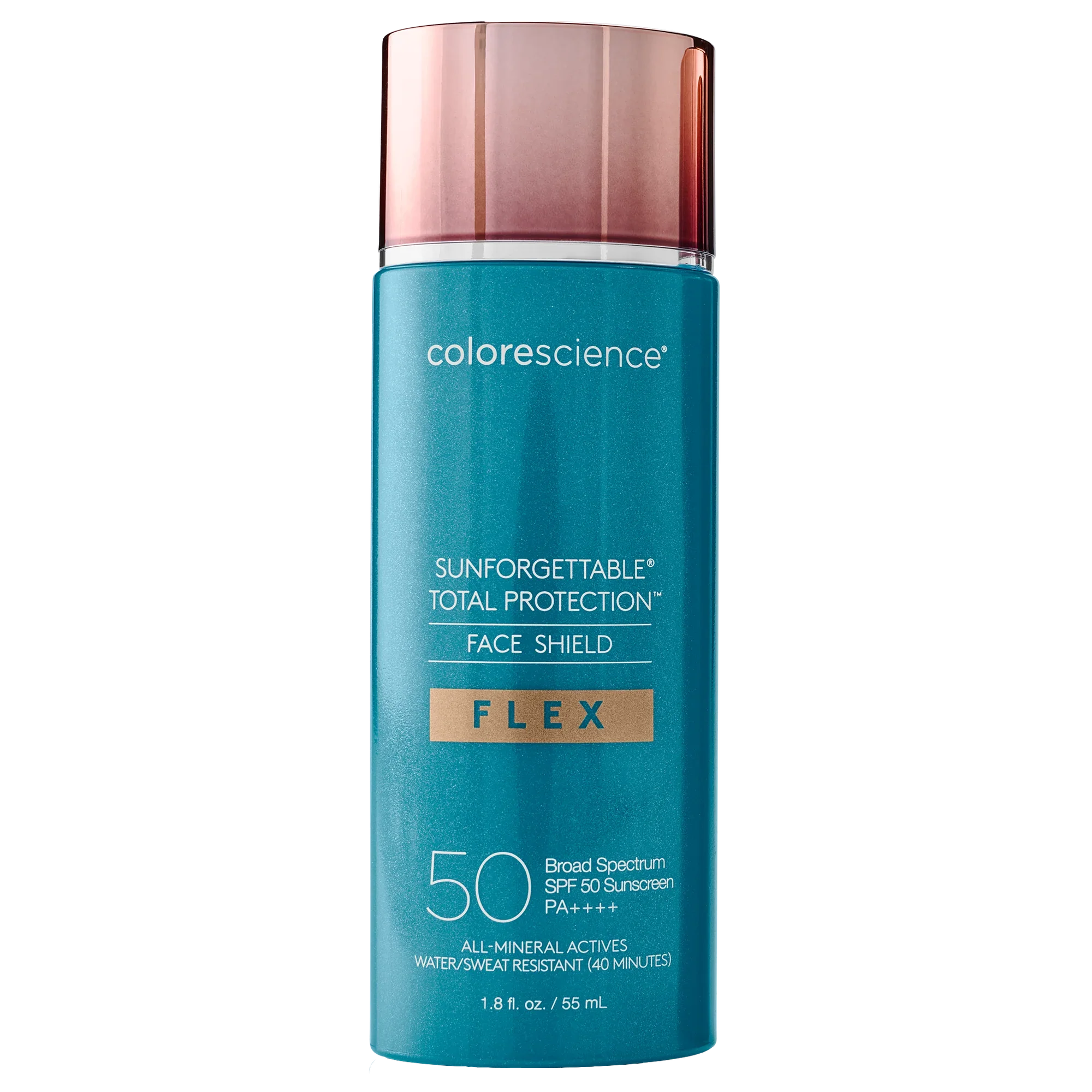 Bottle of Colorescience Sunforgettable Total Protection Face Shield with SPF 50, broad spectrum, water and sweat resistant, in a teal container with rose gold cap.