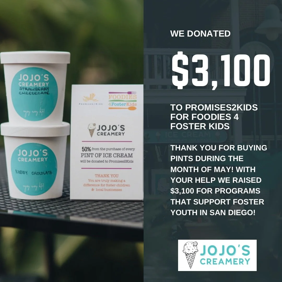 Thank you for buying pints during the month of May! 💙 With your help, we were able to donate $3,100 to @promises2kids and their programs that support foster youth in San Diego. 🍦
&bull;
&bull;
#Promises2Kids #Foodies4FosterKids #encinitas #northcou