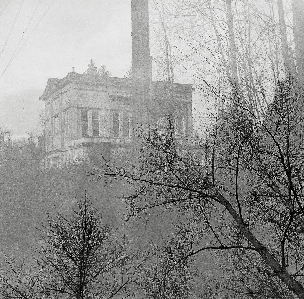 A large house with old architecture sits on a hilltop amidst tall, leafless trees; the photo has a foggy, black-and-white appearance.