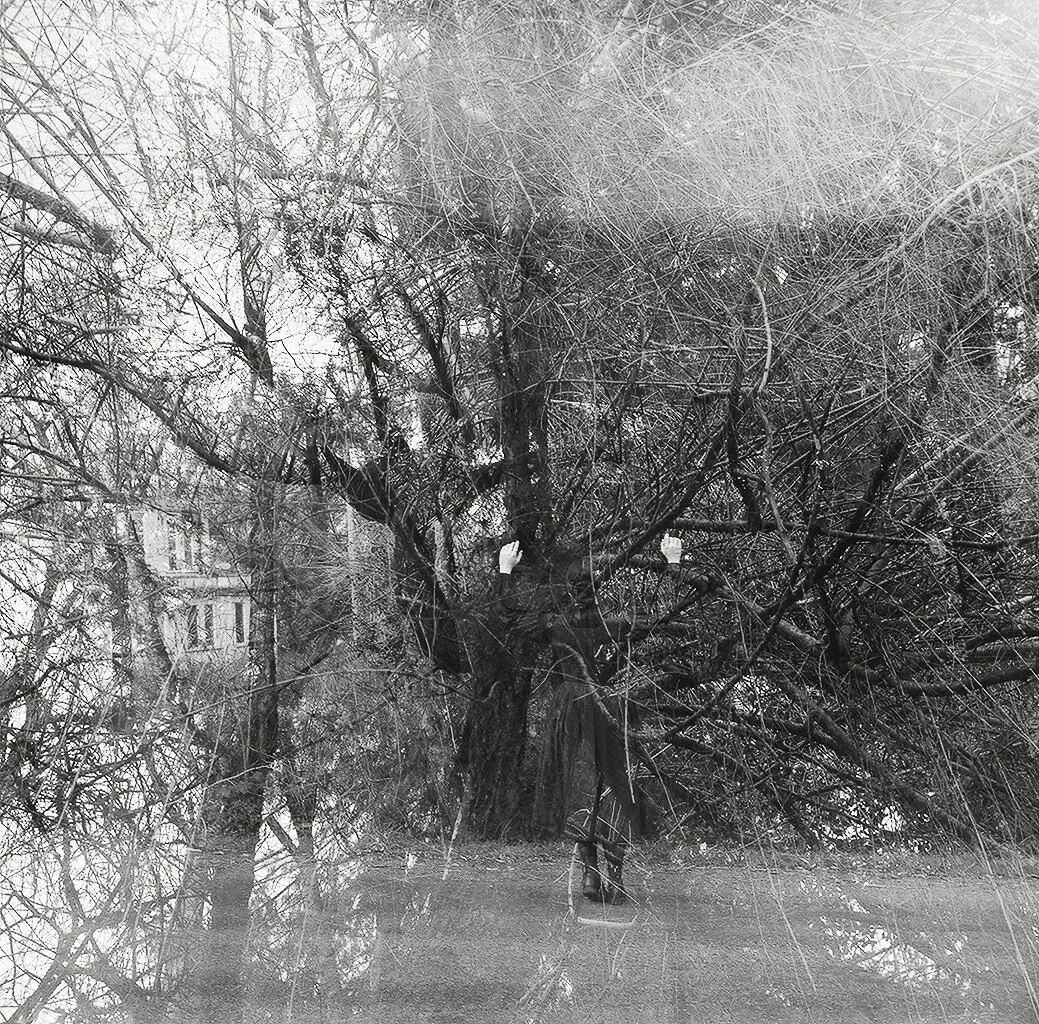 A person in dark clothing and white shoes standing under a large leafless tree with many branches, in an outdoor setting during winter.