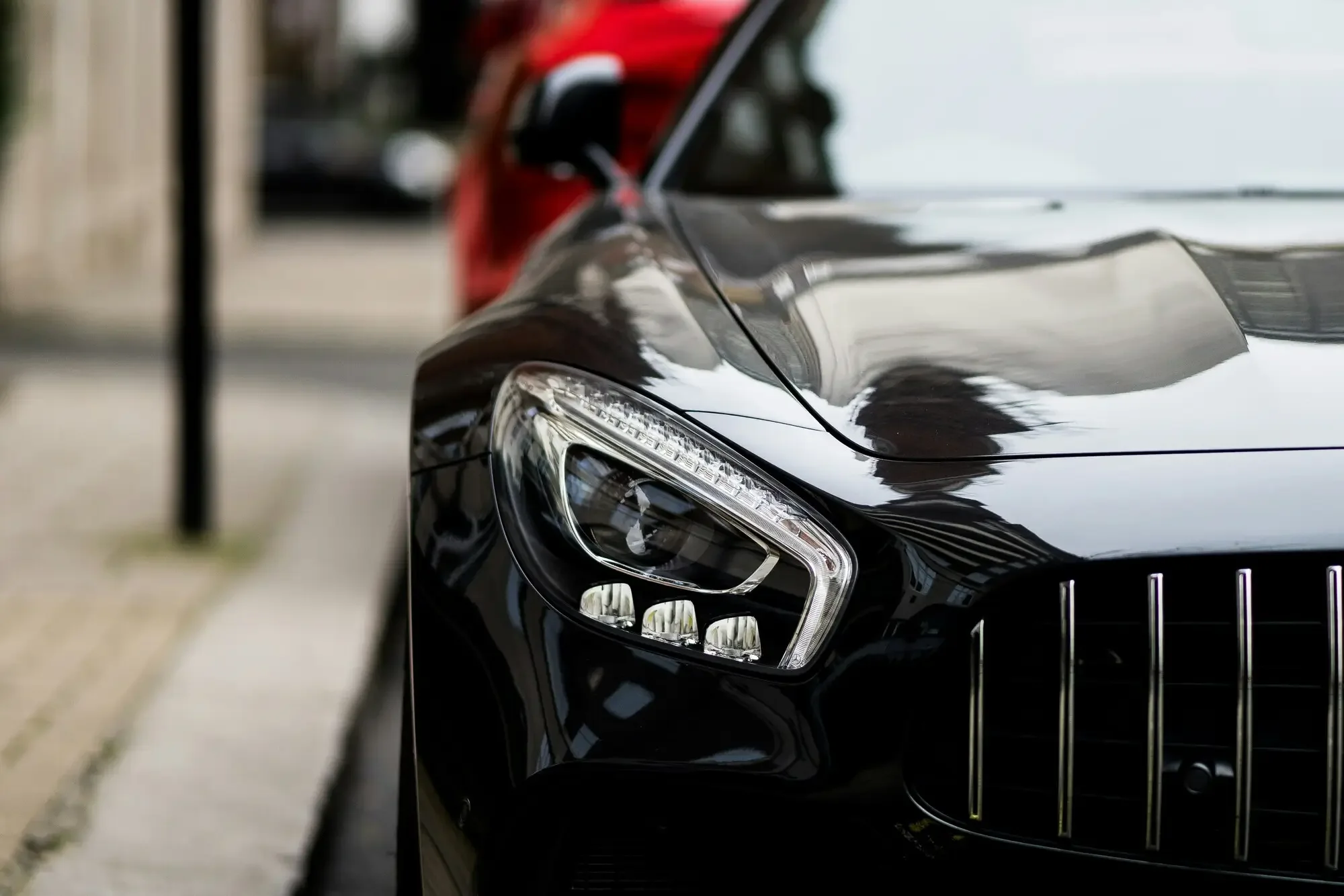 Close-up of black Mercedes windshield and front glass in San Francisco