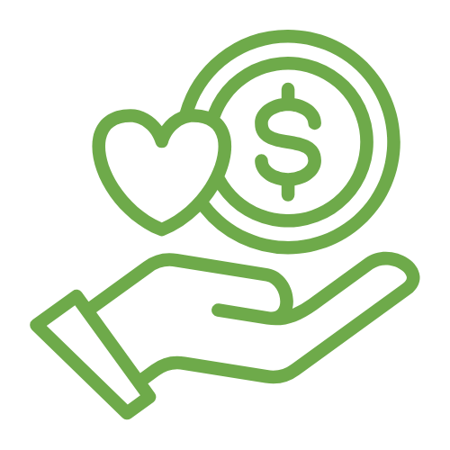graphic of a hand held out with money and a love heart held in the hand.