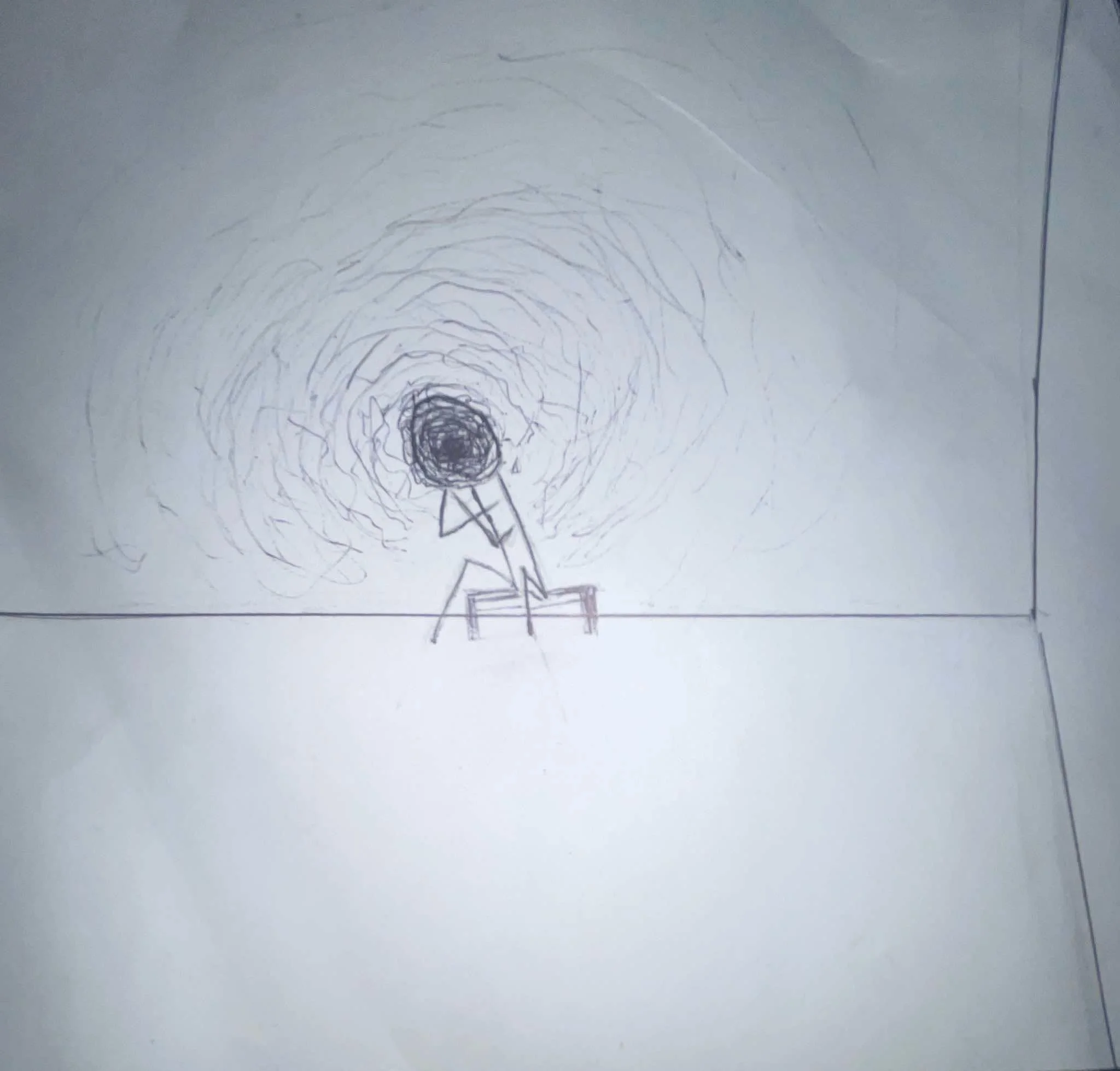 A hand drawn picture of someone sitting alone with dark swirls around their head