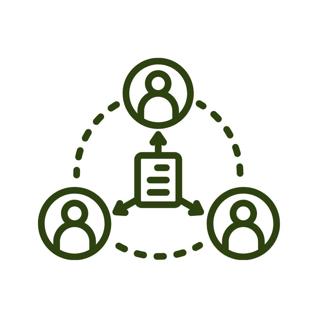 icon of three users in a circle with a document pointing at each of them from the centre of the circle.