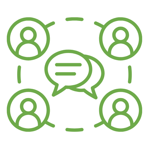 graphic of speech bubbles surrounded by people to represent communication.