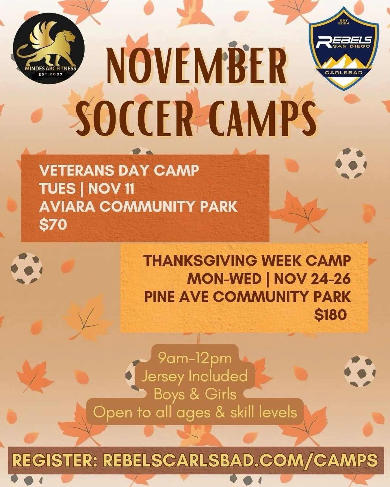 Get ready to take your skills to the next level! We&rsquo;re excited to announce Rebels Carlsbad + Mindes ABC Fitness camps for November! Join us for our Veteran&rsquo;s Day and Thanksgiving camps, led by pro soccer coaches. All ages and levels welco