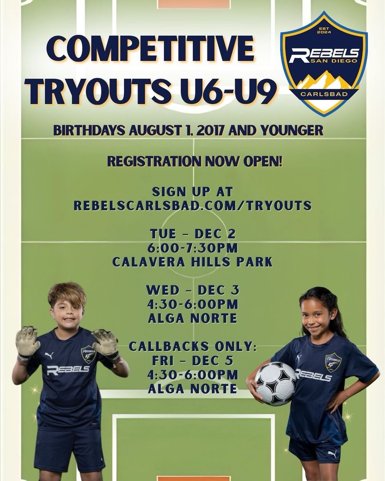 Calling All Young Soccer Players! Our U6-U9 Tryout Schedule is out! If your child&rsquo;s birthday is July 31, 2017 or younger, register now at Rebelscarlsbad.com/tryouts! 

Tuesday, December 2nd
6:00-7:30pm
Calavera Hills Community Park, Field 3

We
