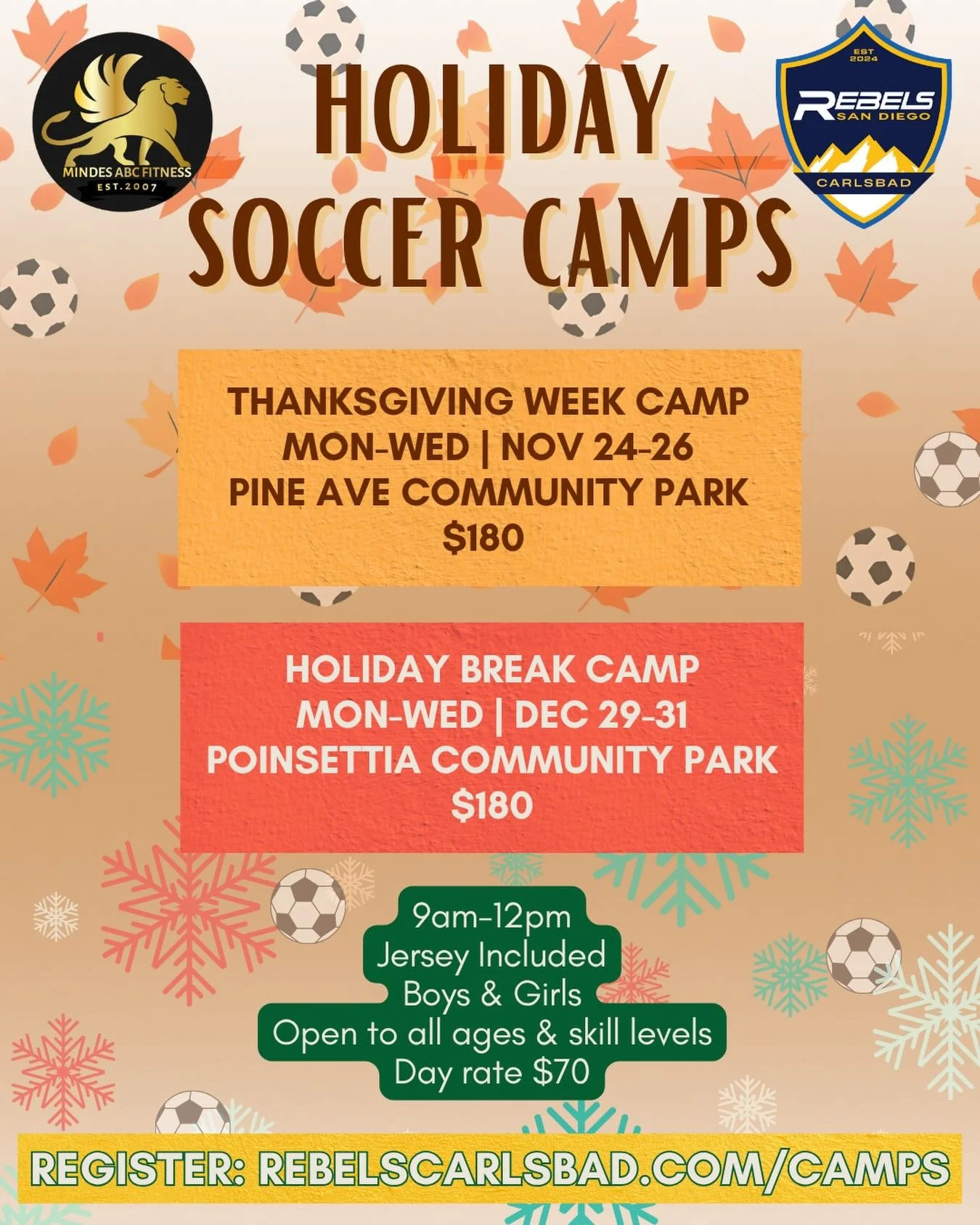 😱 School&rsquo;s out for a week!! Quick - sign your kids up for our 3-day Thanksgiving soccer camp! 🏃🏻&zwj;♂️🏃&zwj;♀️ Get them off their screens, touching grass, and working on their soccer skills. 🙌 

Our Mindes ABC Fitness @dorlean_mindes x Re