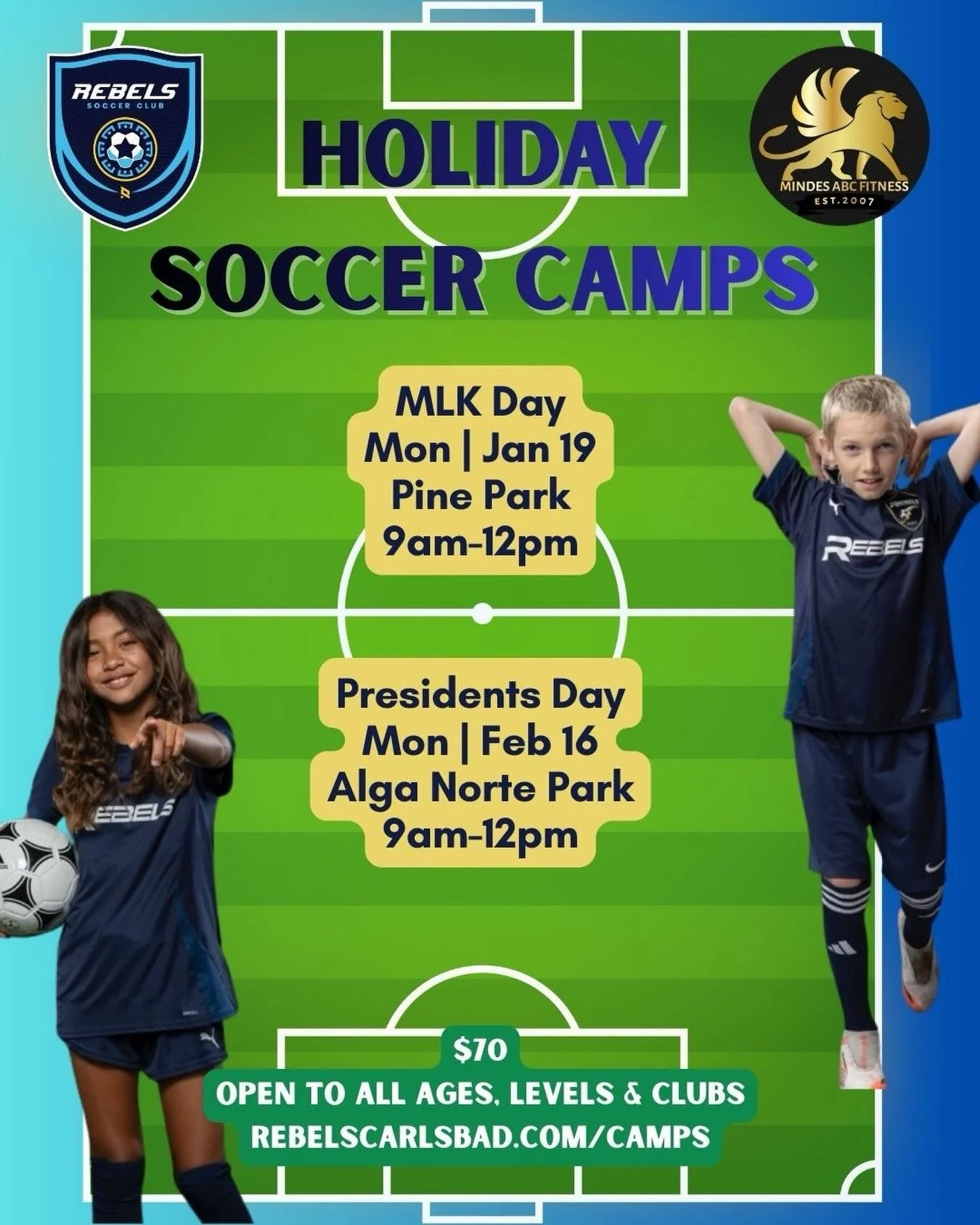 What are your soccer players doing during the upcoming long holiday weekends?? Send them over to @dorlean_mindes for our one-day camps on MLK Day and President&rsquo;s Day! We will be serving up fun soccer drills, scrimmages, and FUN! 

Sign up today