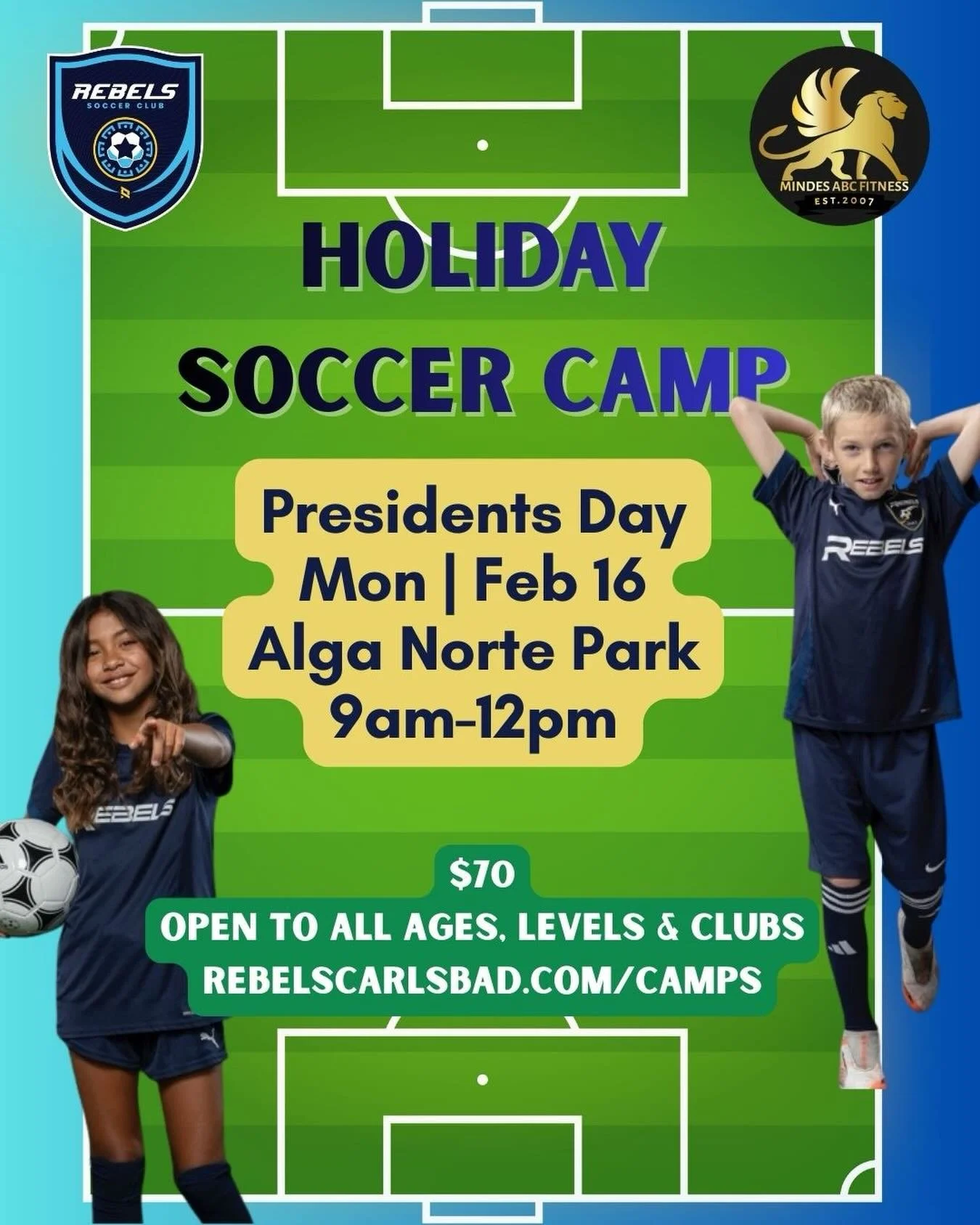 📣 Monday Motivation! Who needs screens when you can score goals? Bring your athlete to our Mindes Fitness + Rebels Carlsbad camp for a Presidents Day they'll never forget! 3 hours of soccer magic, fun, and exercise. 
Bonus- If you&rsquo;re attending