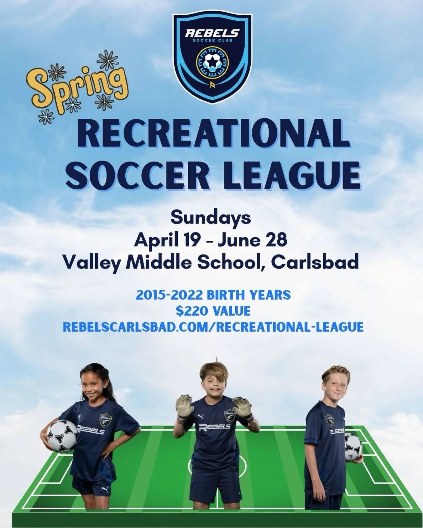 Our Recreational League is BACK and better than ever! This season will be held on the grass fields at Valley Middle School, every Sunday from April 19 through June 28. 

Now accepting teammate requests and parent coaching volunteers! Register today a