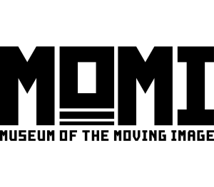 Logo for the Museum of the Moving Image featuring the word 'MOMI' with a stylized film strip in the letter 'O'.