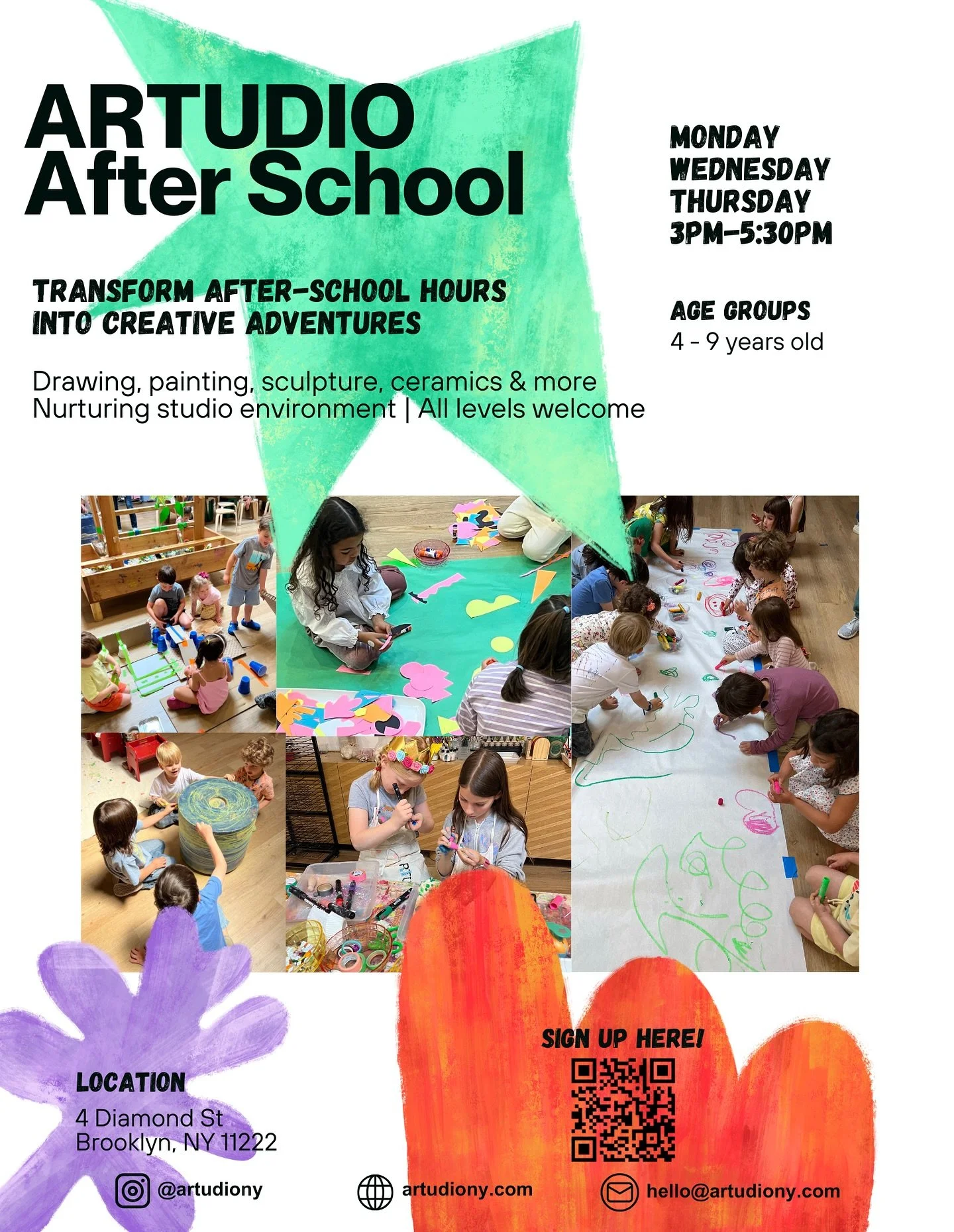 π¨ ARTUDIO After-School Art Program! 
Transform your child’s afternoons into creative adventures! Through drawing, painting, ceramics & more, young artists ages 4-9 discover their unique creative voice in our nurturing studio.
π
 Mondays,