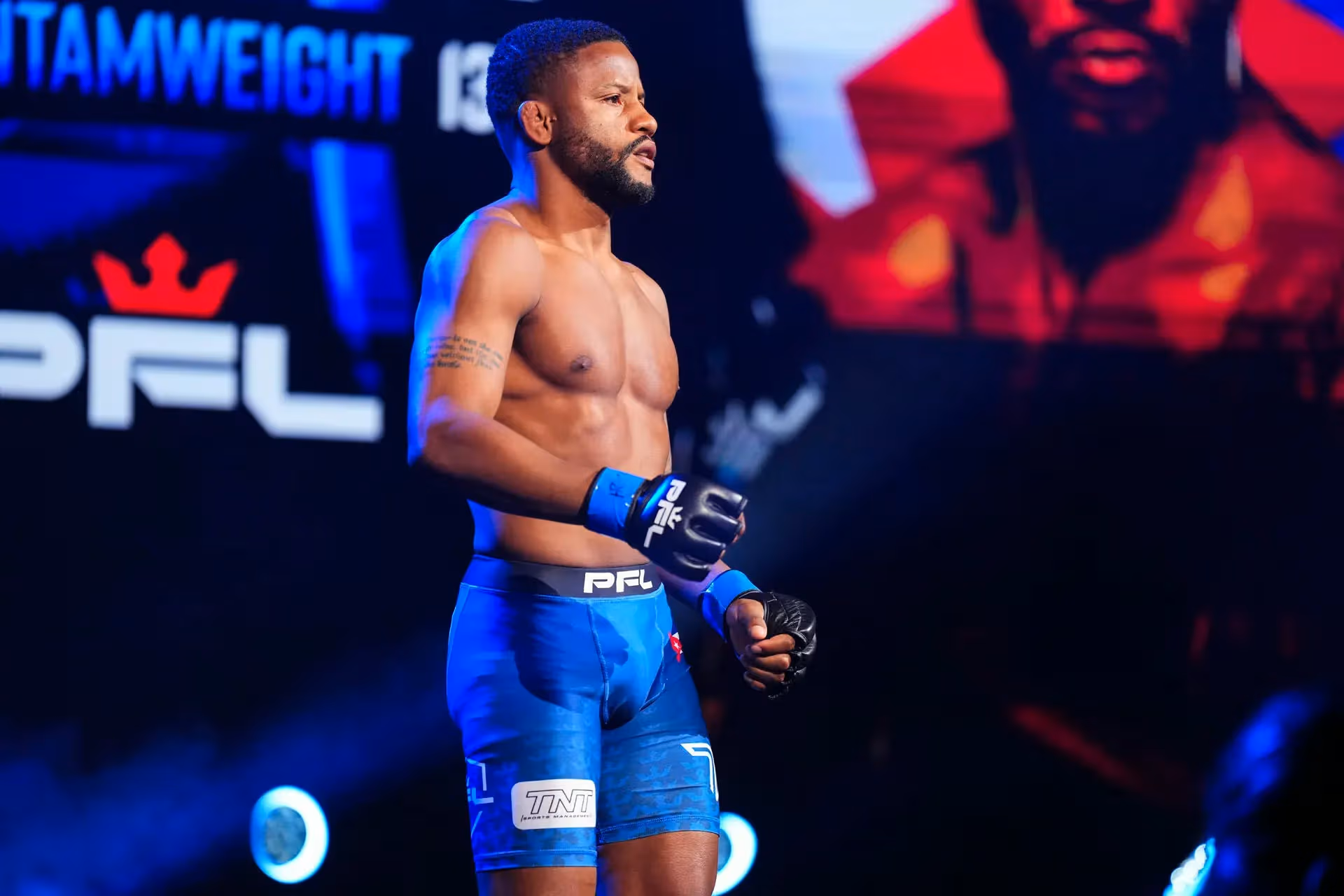 MMA fighter in PFL gear with TNT Sports Management on shorts