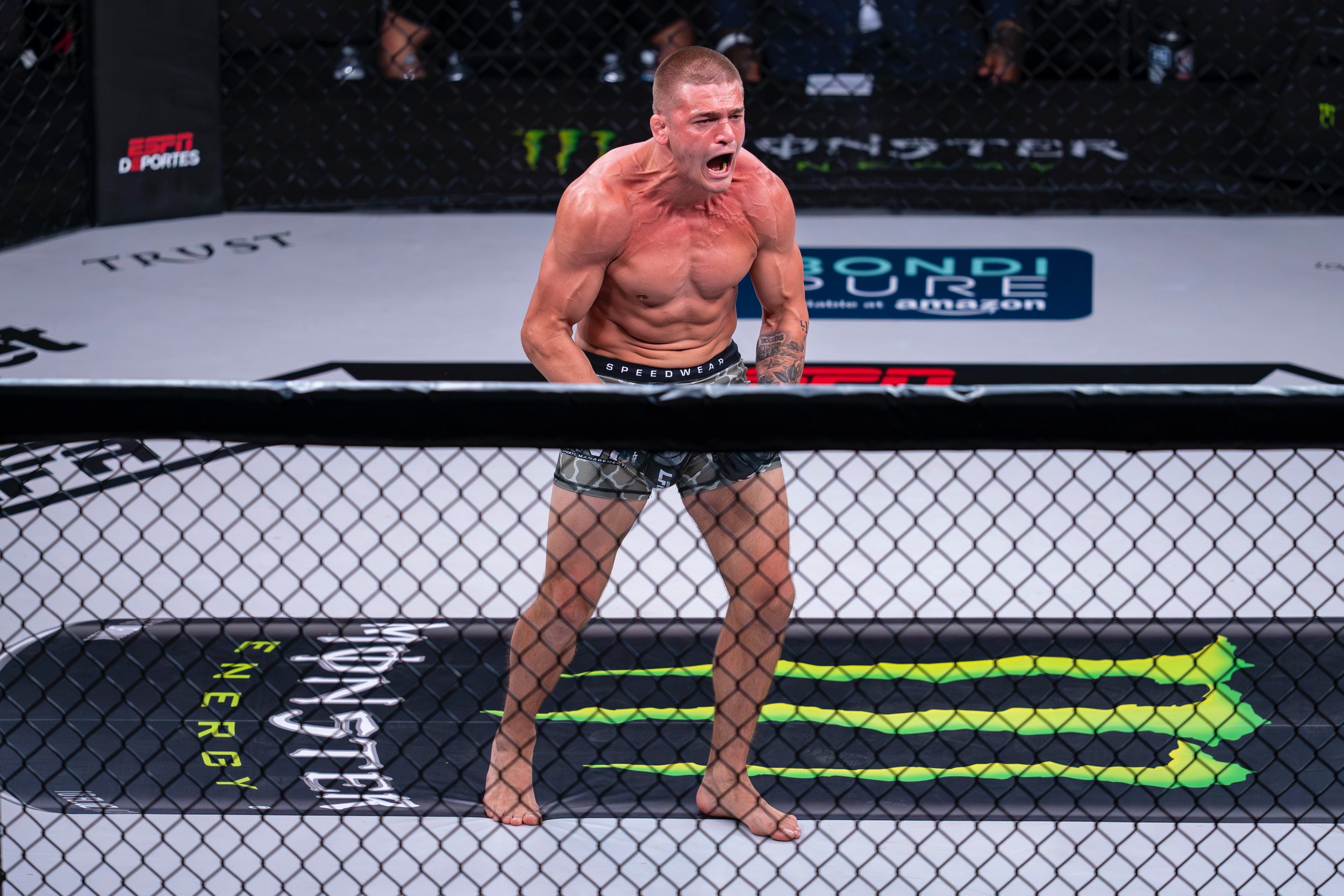 MMA fighter roaring in victory inside the cage
