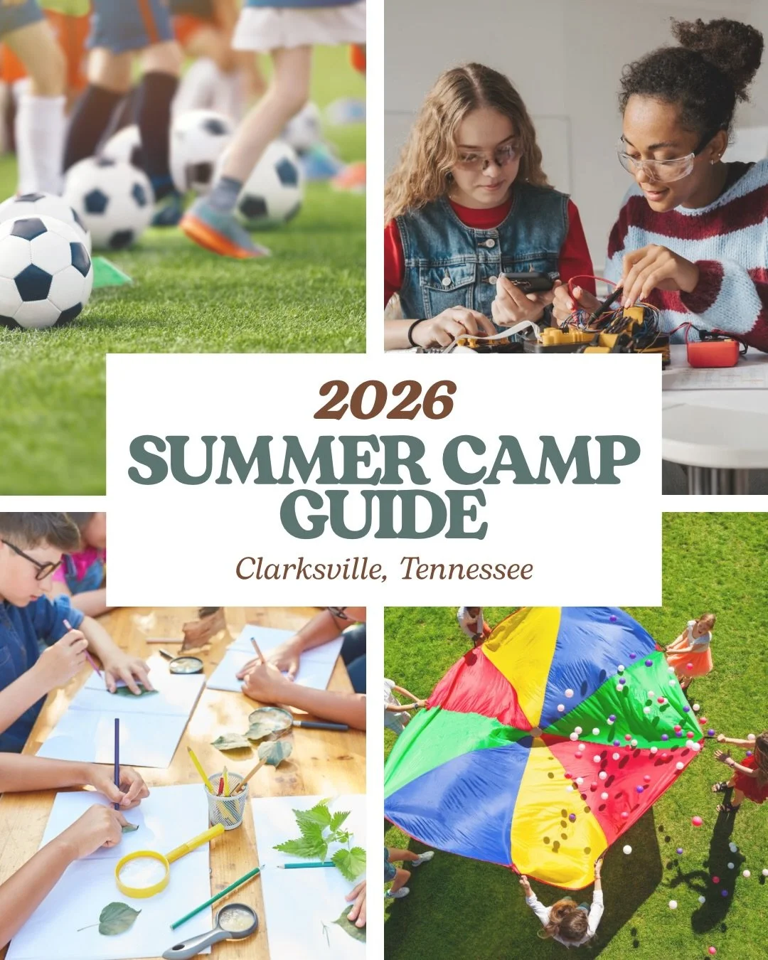 CLARKSVILLE SUMMER CAMP GUIDE ☀️

🏕️ OUTDOOR
@cumberlandyouthcamp 
- hiking, fishing, kayaking, stand-up paddle boarding, archery, basketball, volleyball, giant swing, swimming, + foosball
May 25-June 25

@kelleyguthsoccercamps
- Mini Kicks 4-6yrs -