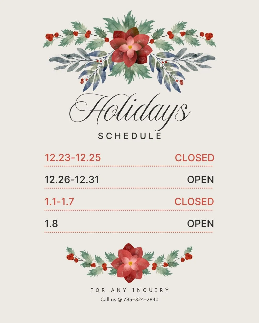 The Holidays are coming up soon &amp; our hours will be slightly different✨

Call or text us to make reservations for the next few weeks!

(785) 324-2840