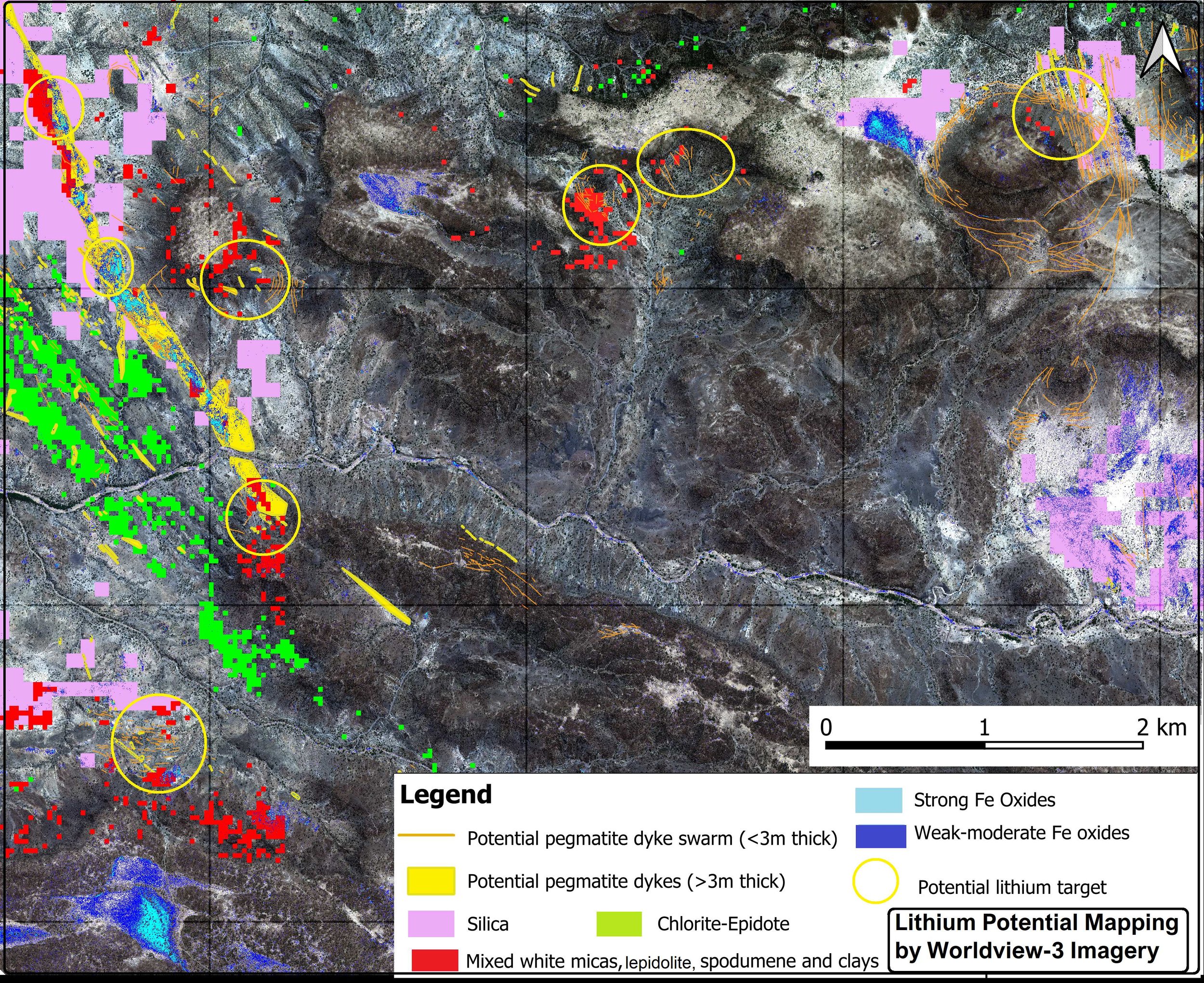 A lithium deposit map showing areas of potential lithium targets marked with yellow circles and yellow lines indicating potential pegmatite dykes. The map also depicts various geological features with color codes, including silica in pink, chlorite-epidote in green, strong and weak-moderate iron oxides in blue and purple respectively, and mixed white micas, lepidolite, spodumene, and clays in red. The map has a scale for distance and a legend detailing the symbols and color codes.
