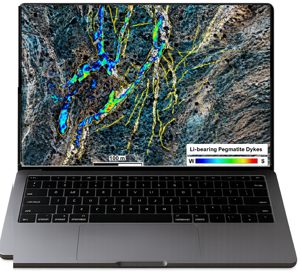 A laptop screen displaying a geological map with color-coded lines showing lithium-bearing pegmatite dikes, with a scale bar of 100 meters at the bottom.