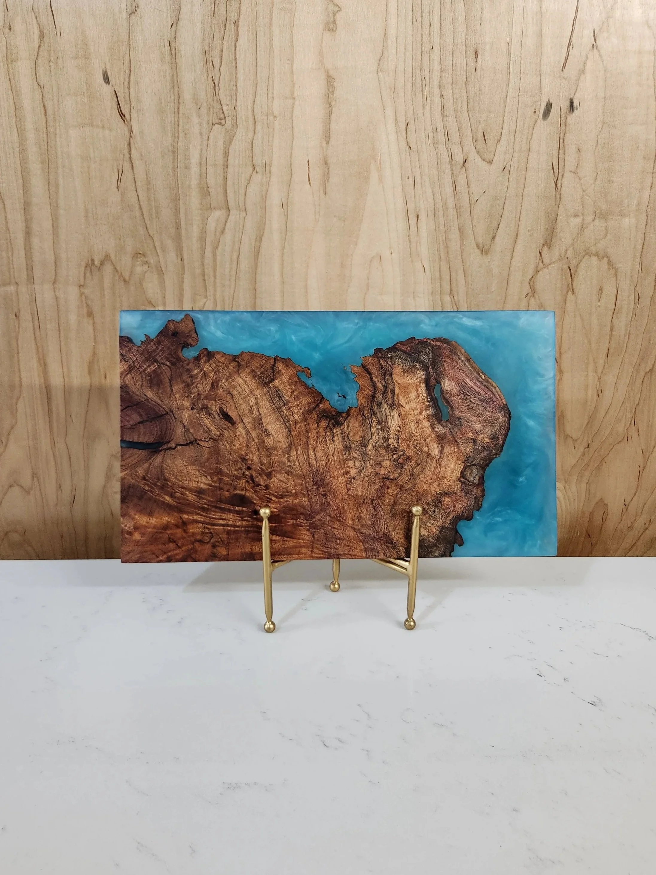 16 x 9 Carob Wood Epoxy Charcuterie Board with Bora Bora Blue epoxy