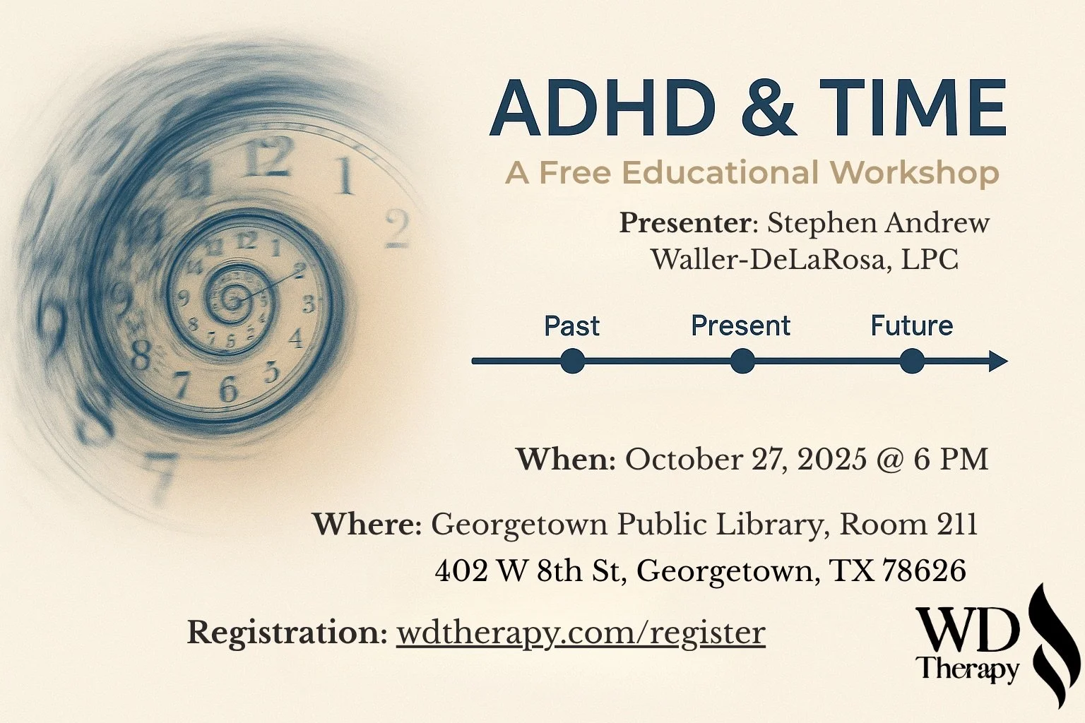 Flyer for ADHD & Time: A Free Educational Workshop, with a spiral clock face, presented by Stephen Andrew Waller-DeLaRosa, LPC, at Georgetown Public Library on October 27, 2025.