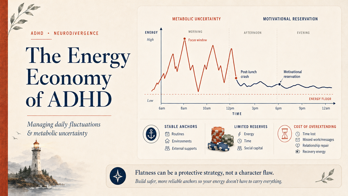 Infographic showing fluctuating ADHD energy across the day, with stable anchors, limited reserves, and the cost of overextending.