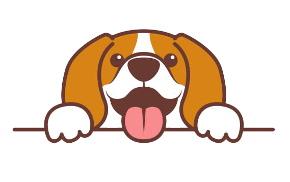 Cartoon of a cute brown and white dog with floppy ears, peeking over a surface with its tongue out.