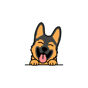 Smiling cartoon dog with its tongue out and ears up.