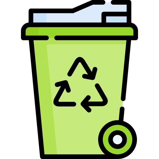 Illustration of a green recycling bin with a black recycling symbol, a blue paper waste compartment, and a CD at the bottom.