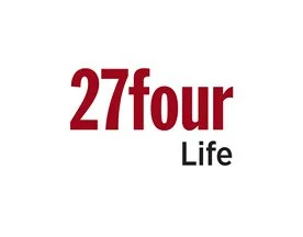 Logo with the text '27four Life' in red and black