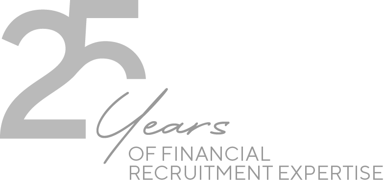 Logo celebrating 25 years of financial recruitment expertise with large gray number 25, script 'Years', and smaller text 'OF FINANCIAL RECRUITMENT EXPERTISE'.